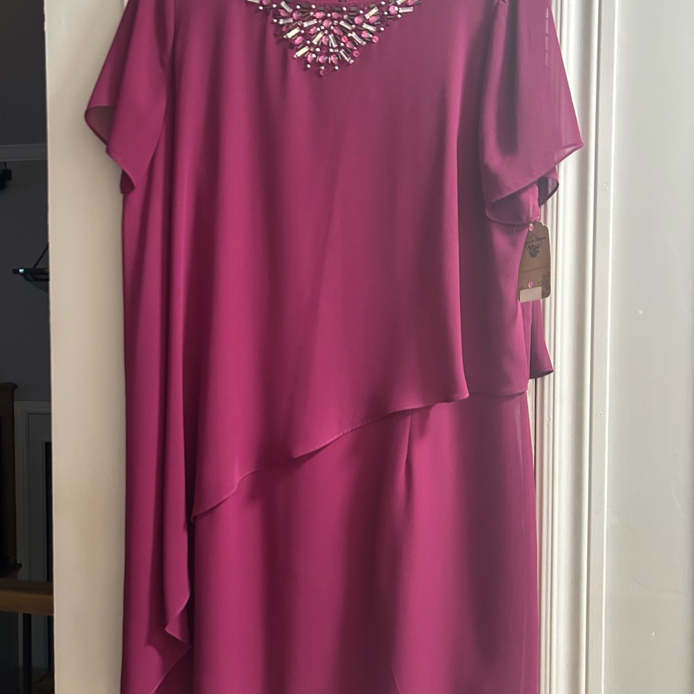 SLNY Burgundy Dress with Embellished Neckline